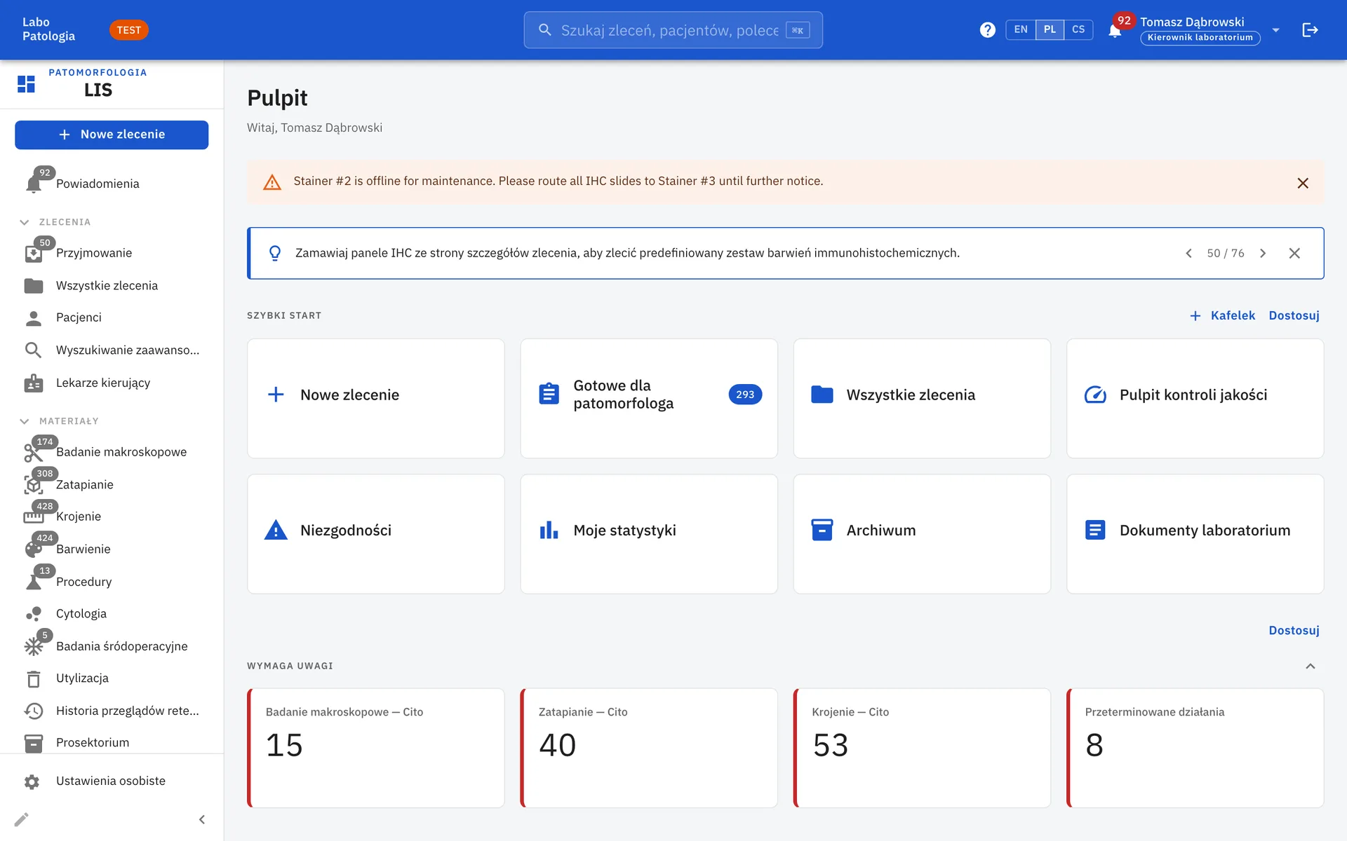 LIS NG dashboard with quick-start tiles and urgent work counters